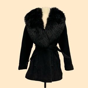 Vintage Black Suede Leather Jacket with real Lamb Fur Collar Penny Lane style